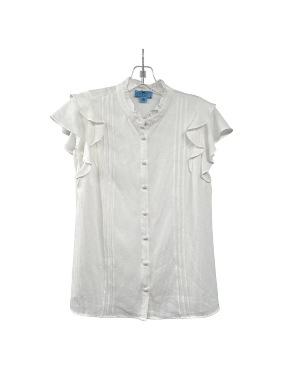CeCe White Button Up Top Flutter Cap Sleeve Textured Size Small Pleated